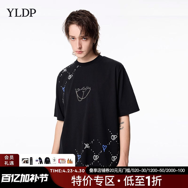 Yldp Graffiti Hot Diamond Presbyopia Short-Sleeved T-Shirt Genderless Dark High Street Style