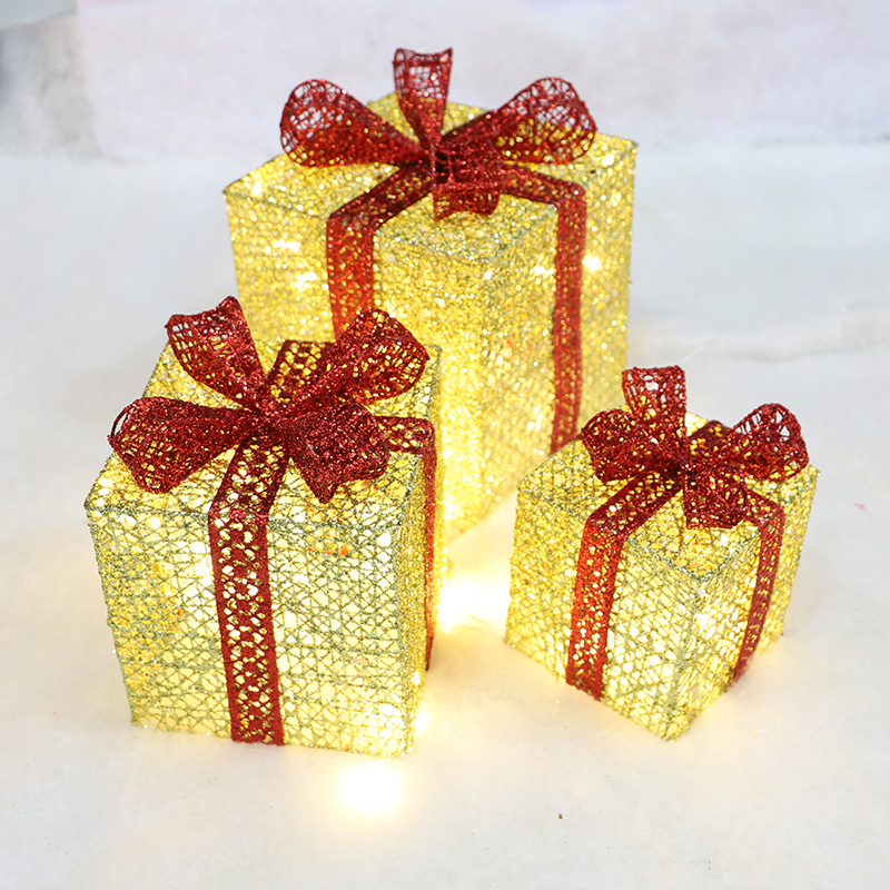 Luminous wrought iron gift box Christmas decorations red gold three-piece gift box hotel shopping mall window arrangement
