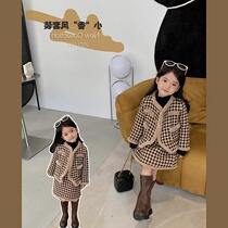 Girl clip cotton small fragrant wind jacket suit dress Winter Korean version of the ocean gas grid thickened baby Two sets