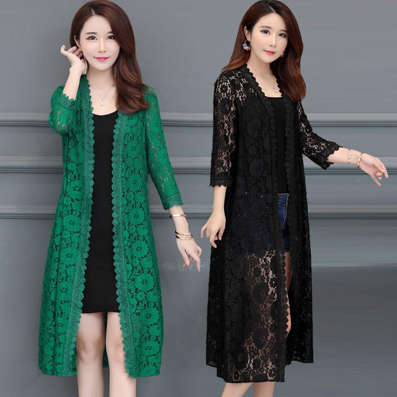 Lace Cardigan, Mid-Length Summer Mesh Shawl, Loose Over-The-Knee Sun Protection Jacket for Women