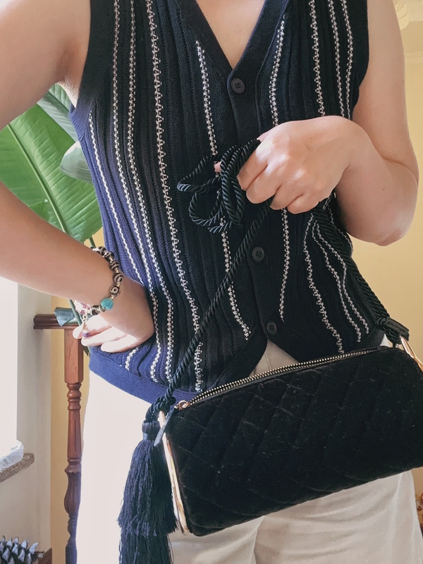 Tweed Style Roller Velvet Top-Grain Leather 26A Evening Bag with Tassels, Shoulder and Crossbody Bag
