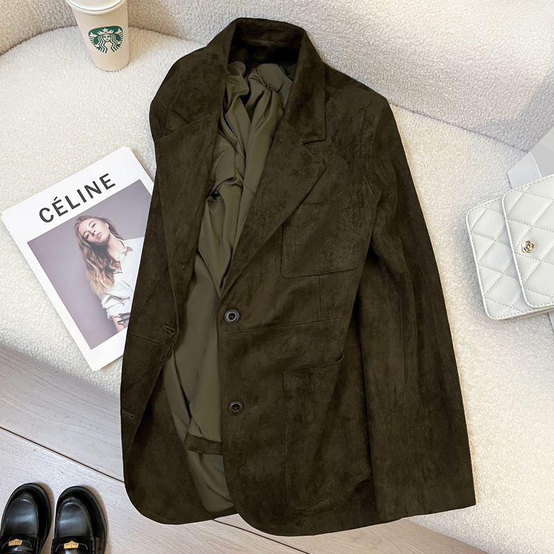 Korean Retro Green-Brown High-End Faux Suede Blazer for Women 2026 Autumn New Loose Casual Suit