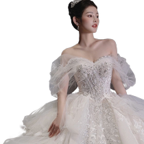 Law-style white lined shoulder wedding dress 2024 new brides extravagant rework Grand trailing Princess Summer main yarn