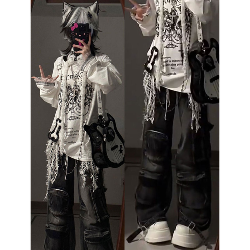 Subculture Style Y2K Black Workwear Jeans for Women, Summer Design, Slimming Loose Wide-Leg Pants, Plus Size