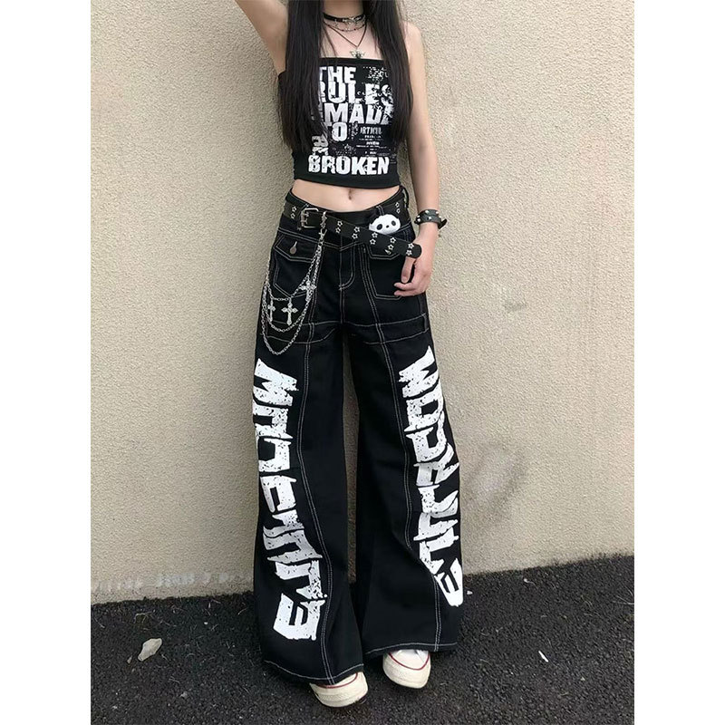 Subculture Y2K Visual Style American Black Scimitar Jeans for Women, Summer Design, Slimming Wide-Leg Pants, Plus Size