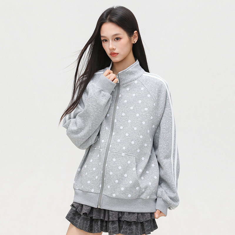 Tangtang Manufacturing Machine Autumn Cardigan for Women Korean Style Polka Dot Stand Collar Loose Sports Jacket Casual Sweatshirt Coat Trendy