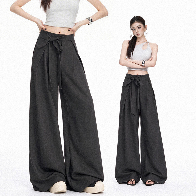 Kazalin Asymmetric Waist Tie Wide-Leg Suit Pants for Women, Thin High-Waisted, Slimming, Vintage Style, Wrinkled Casual Pants