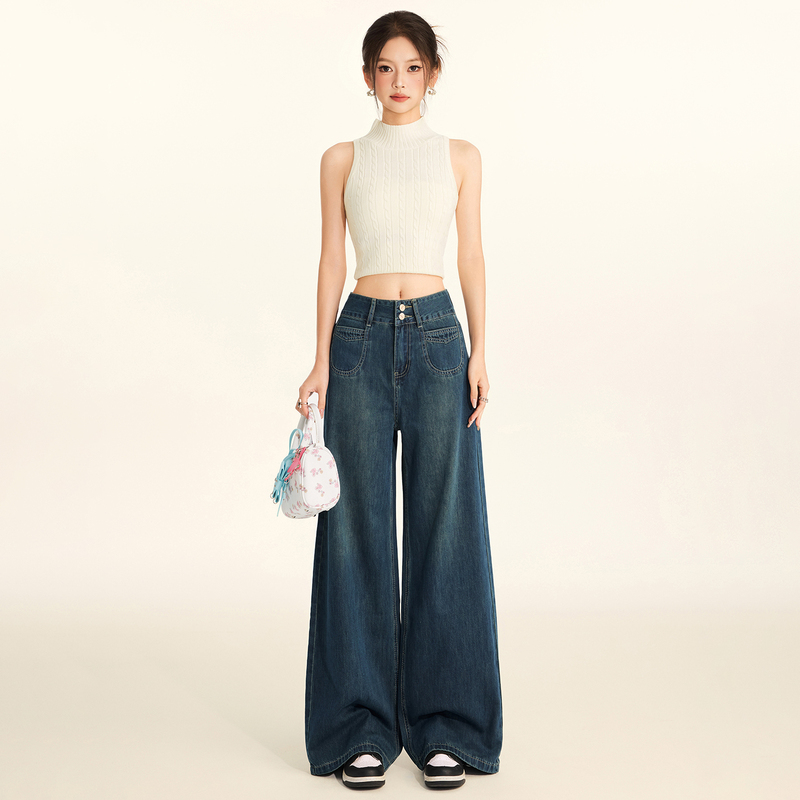 Kazalin Vintage Dark Blue Double-Button Straight-Leg Jeans for Women, Washed and Distressed, High-Waisted, Loose-Fitting, Hip-Covering, Drapey Wide-Leg Pants Kazalin Vintage Dark Blue Double-Button Straight-Leg Jeans for Women, Washed and Distressed, High-Waisted, Loose-Fitting, Hip-Covering, Drapey Wide-Leg Pants