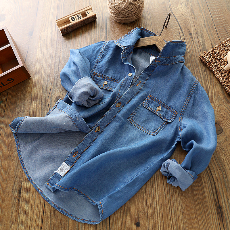 Trẻ em lụa bông áo sơ mi mát mẻ 18 mùa hè cậu bé mới denim áo sơ mi mỏng bé áo sơ mi breathable