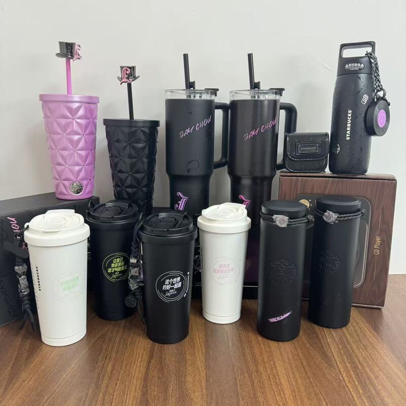 Starbucks Coffee Prelude Jay Jay Chou Lyrics Collaboration Trendy Cool Black Stainless Steel Insulated Travel Mug with Straw