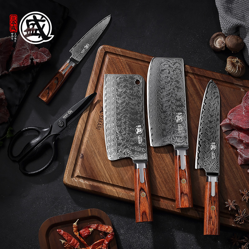 Japanese Three-Piece Damascus Powder Steel Kitchen Knife Set for Slicing and Chopping Bones, Imported High-End Complete Kitchen Knife Set for Home Use