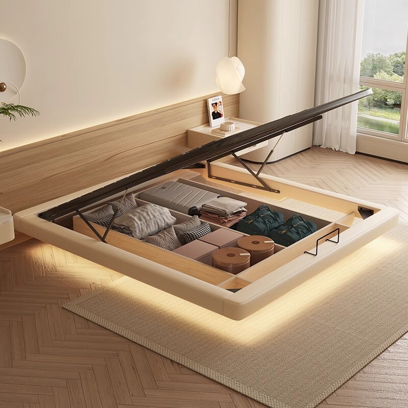 Floating Air Pressure High Box Bed Without Bedside Storage, Tatami with Night Light, Cream Style Leather Bed, 1.8m Double Bed, Wedding Bed Floating Air Pressure High Box Bed Without Bedside Storage, Tatami with Night Light, Cream Style Leather Bed, 1.8m Double Bed, Wedding Bed