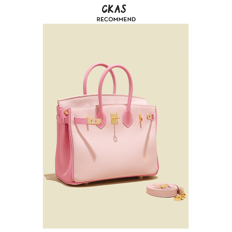 First-Layer Cowhide Platinum Bag for Women, Genuine Leather with Lychee Pattern, Pink Color-Blocking, Small Kelly Bag, Handbag, Shoulder Bag, Crossbody Bag