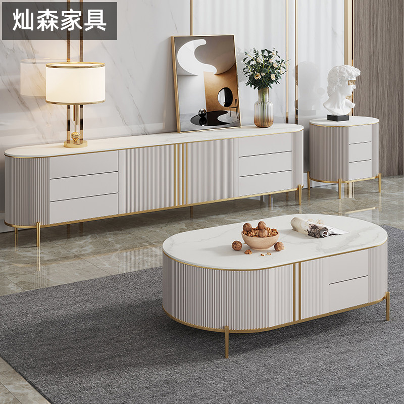 Light luxury Italian rock slab oval tea table TV cabinet combination simple modern living room high-end household rectangular floor cabinet