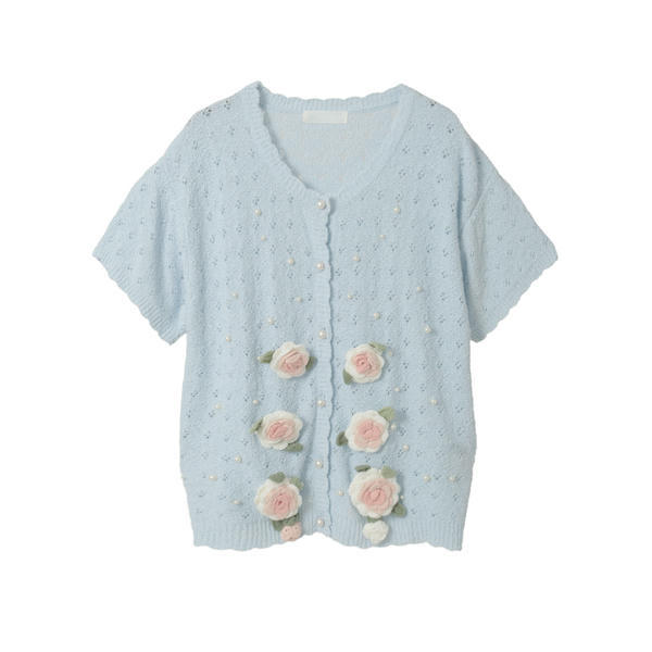 Pinkhouse Three-Dimensional Rose Crochet Short-Sleeved Knitted Cardigan
