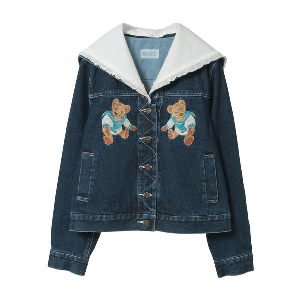 Pinkhouse Bear Embroidery Detachable Lace Navy Collar Denim Jacket