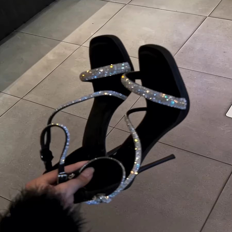 Soft Leather Version! Women's Sandals 2026 New Fashion Square Toe Rhinestone Open Toe Ankle Strap Stiletto Black High Heels Soft Leather Version! Women's Sandals 2026 New Fashion Square Toe Rhinestone Open Toe Ankle Strap Stiletto Black High Heels