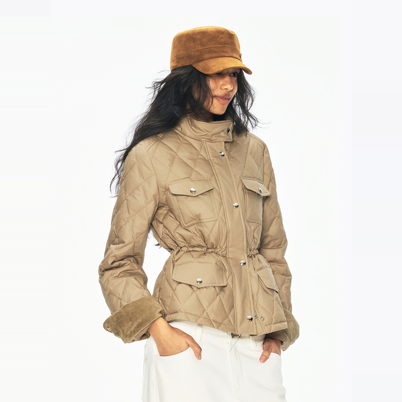 Rarely Alike "Kensington Jacket" Stand-Up Collar, Waist-Cinching, Diamond-Patterned Hunting down Jacket