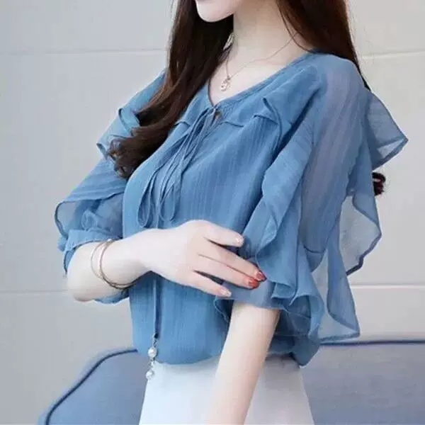 Летняя блуза из шифона дизайна, корейский стиль, оверсайз, slim fit, вырез, тренд сезона, с коротким рукавом