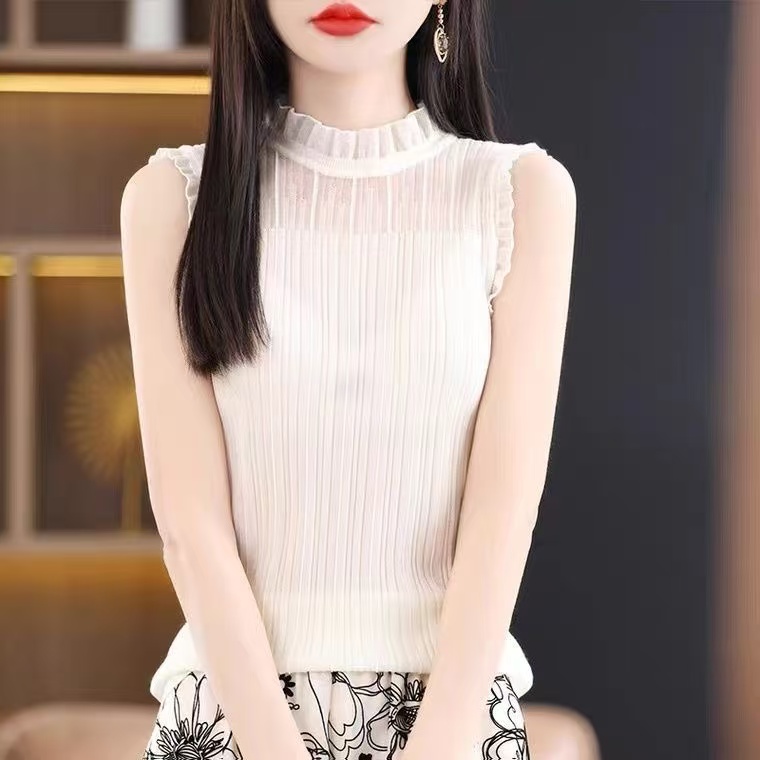 Жилет с кружевным воротником французской моды, женская летняя сетчатая рубашка с низким воротником в западном стиле, кружевной внутренний топ без рукавов
