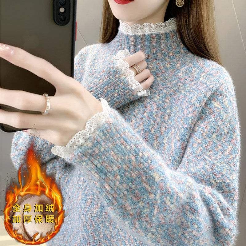 Chenille Lace Trim Half-Turtleneck Sweater for Women, Fleece-Lined and Thickened, Warm for Spring and Autumn, Can Be Worn as an Inner Layer or Outerwear, Knitted Base Shirt