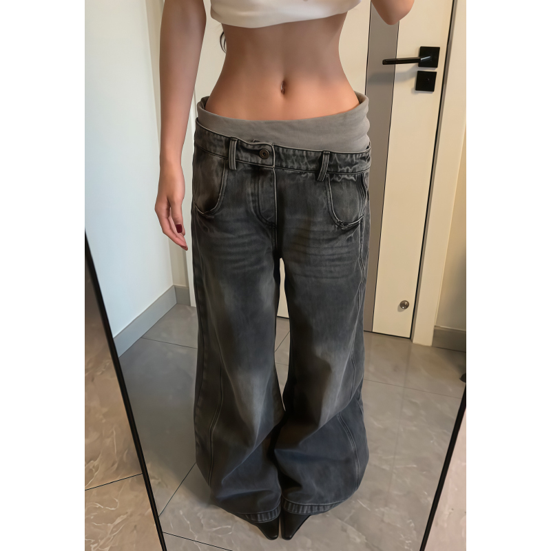 American Retro Distressed Knit Patchwork Jeans for Women, New Winter Style, Niche Street Style, Low-Waisted, Loose, Slimming Wide-Leg Pants American Retro Distressed Knit Patchwork Jeans for Women, New Winter Style, Niche Street Style, Low-Waisted, Loose, Slimming Wide-Leg Pants