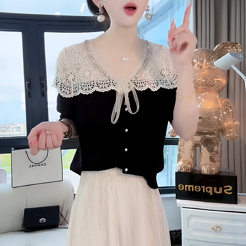 Korean-Style Lace Patchwork Bow-Knot French-Style Elegant Knitted Cardigan for Women, New Autumn Design, Niche Trendy Top Korean-Style Lace Patchwork Bow-Knot French-Style Elegant Knitted Cardigan for Women, New Autumn Design, Niche Trendy Top