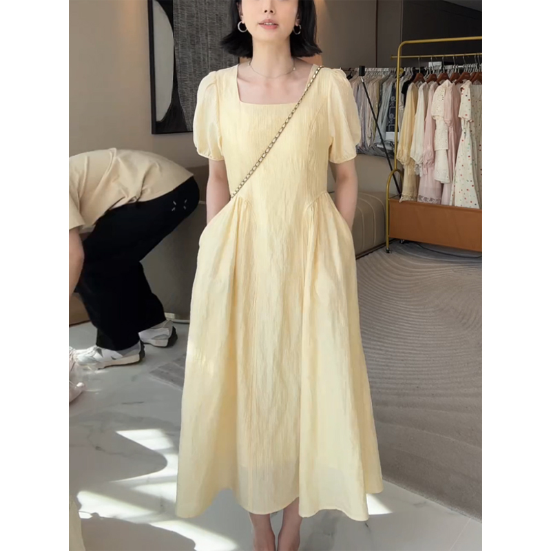 2025 Summer New Style French Puff Sleeve Yellow Dress for Women, Gentle Style, Super Pretty, Unique and Beautiful Long Dress