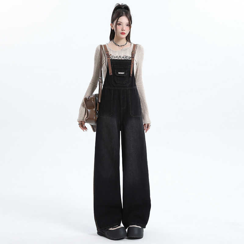 MNVZ アメリカンブラックとグレーのゆったりしたオーバーオールジーンズ、女性用、新しいホットガール、多用途、年齢を若返らせるワークウェア、ストレートワイドレッグパンツ
