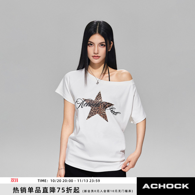 【Achock Official Store】Hot Girl Off-Shoulder Leopard Print Pentagram Print Top T-Shirt Spring/Summer New Short-Sleeve Women's