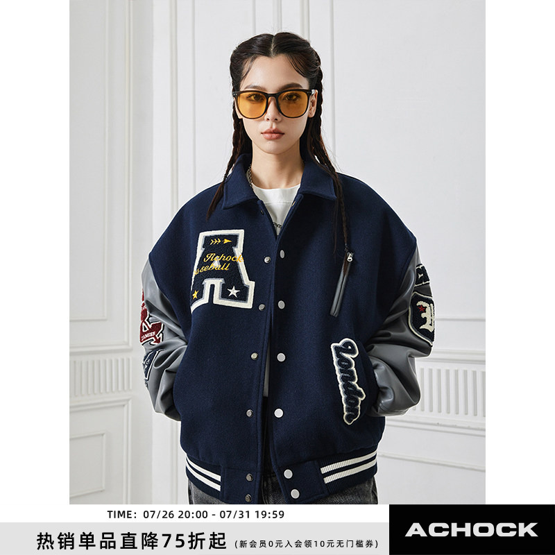 【Achock Official Store】American-Style Cleanfit Stand-Up Collar Heavy Embroidery Baseball Jacket Trendy Brand Men's Jacket