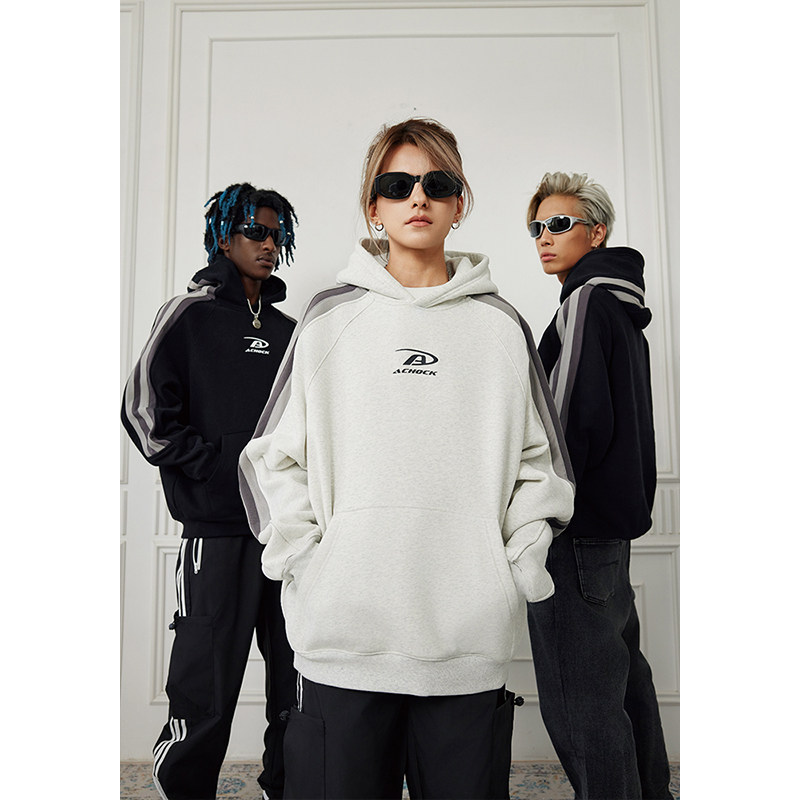 (Achock Official Shop) American Splicing Small Logo Printed with Shoulder Sleeves Hooded Couples Plus Suede Coat-Taobao