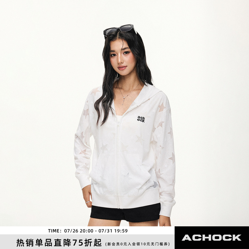 【Achock Official Store】American Street Style Star Hollow-Out Hooded Cardigan, Slightly See-Through, Breathable Early Autumn Jacket