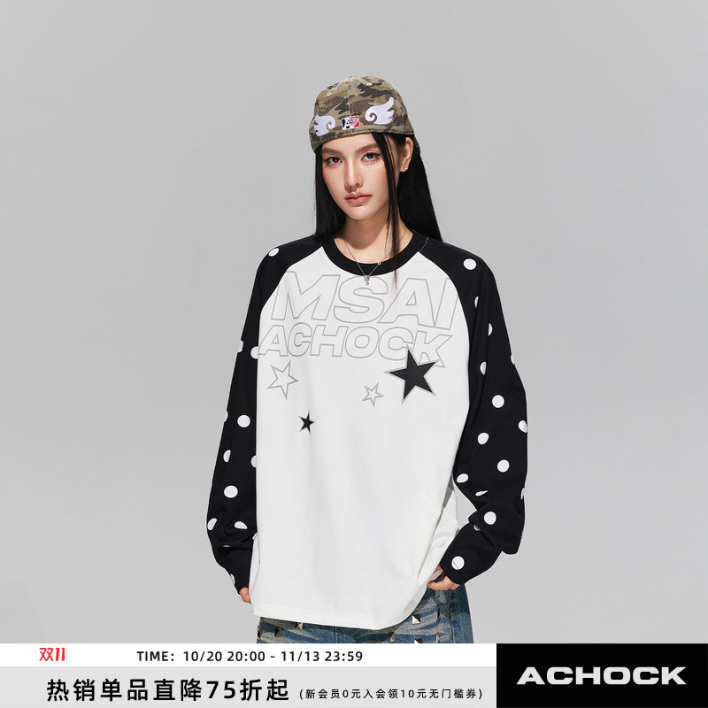 【Achock Official Store】Trendy Brand Polka Dot Raglan Sleeve Base Shirt with Star Print Early Autumn Long-Sleeve Top T-Shirt