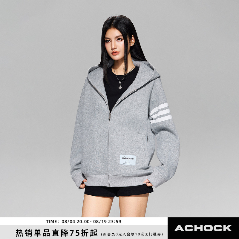【Achock Official Store】Classic Striped Zip-Up Hooded Cardigan Sweatshirt, Basic Slimming Versatile Jacket for Women