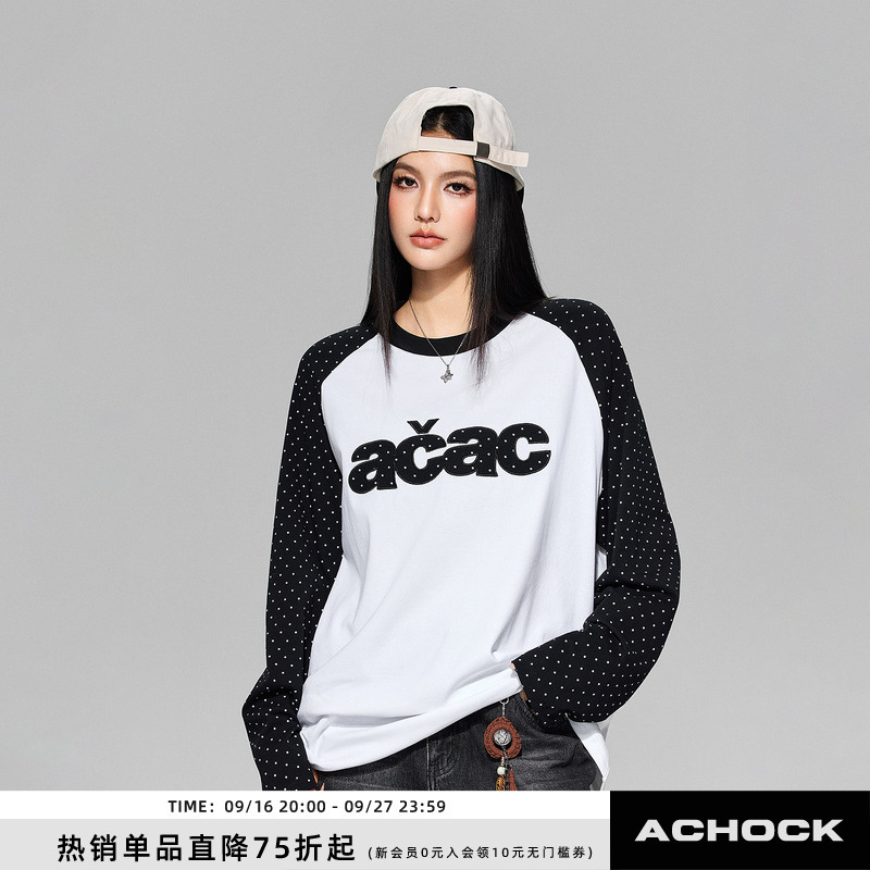 【Achock Official Store】Korean Trendy Polka Dot Raglan Sleeve Base Shirt Spring New Long Sleeve T-Shirt