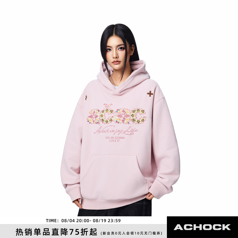 【Achock Official Store】Acac Series Towel Embroidery Hooded Sweatshirt American Street Style Hoodie Jacket Pullover Sweatshirt