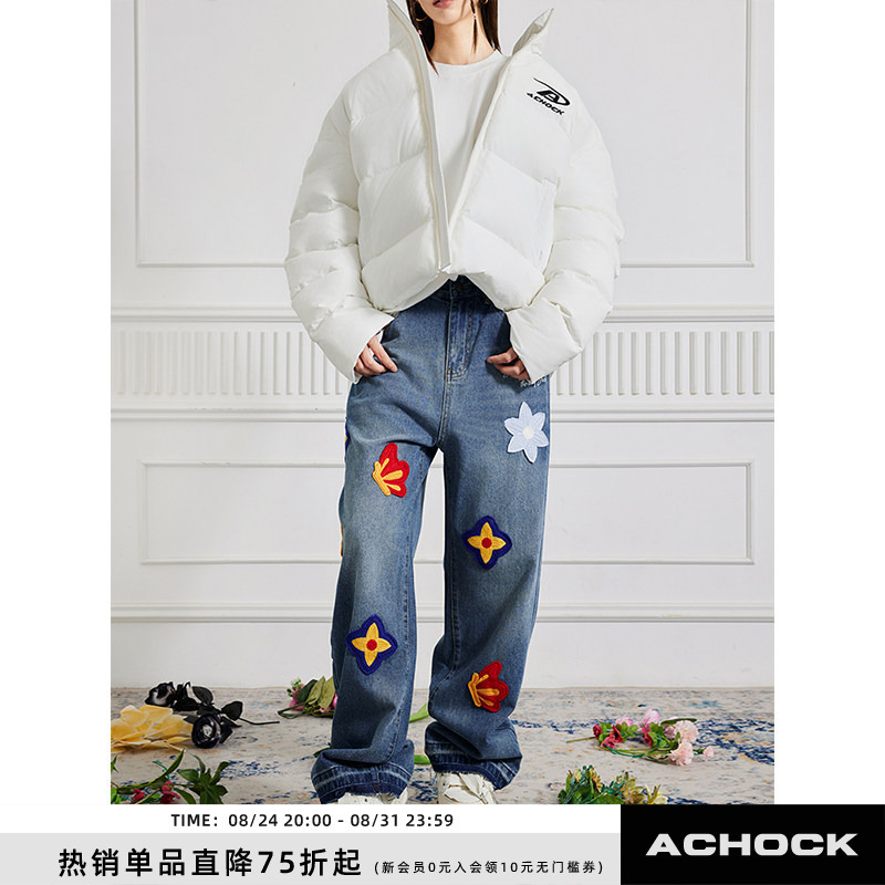 【Achock Official Store】National Trend Original Creative Letter Petal Embroidery Jeans Straight Wide-Leg Long Pants 【Achock Official Store】National Trend Original Creative Letter Petal Embroidery Jeans Straight Wide-Leg Long Pants