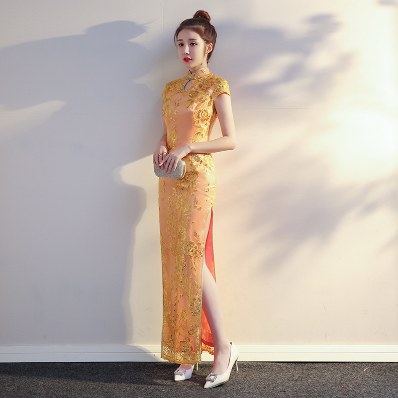 2025 New Style Girl's Cheongsam Dress, Long Style, New Spring and Summer Gold Fashion, Slimming, for Evening Parties, Shows, and Performances