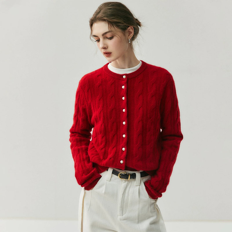 2026 New Style Ordos Cashmere Cardigan for Women, Round Neck, Loose, Thick, Cable Knit Wool Sweater Coat