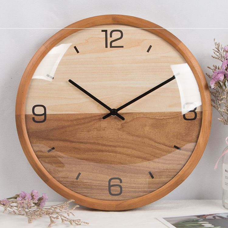 New solid wood living room punch clock modern minimalist mute quartz clock free creative wall clock round clock fashion hanging