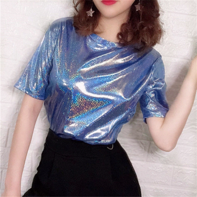 Summer Design Niche Color-Changing Glitter Shiny Short-Sleeved Loose T-Shirt Women's New Bright Silk Bottoming Shirt Top
