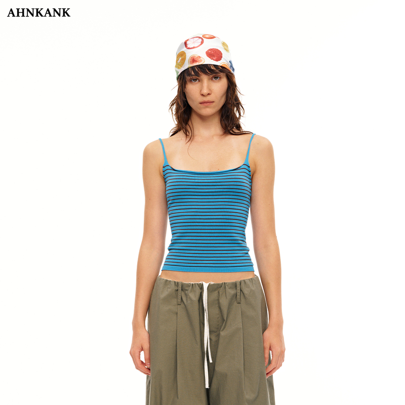 Ahnkank Summer New Blue Knitted Striped Double-Sided Splicing Slim-Fit Camisole Women's Short Top Ahnkank Summer New Blue Knitted Striped Double-Sided Splicing Slim-Fit Camisole Women's Short Top