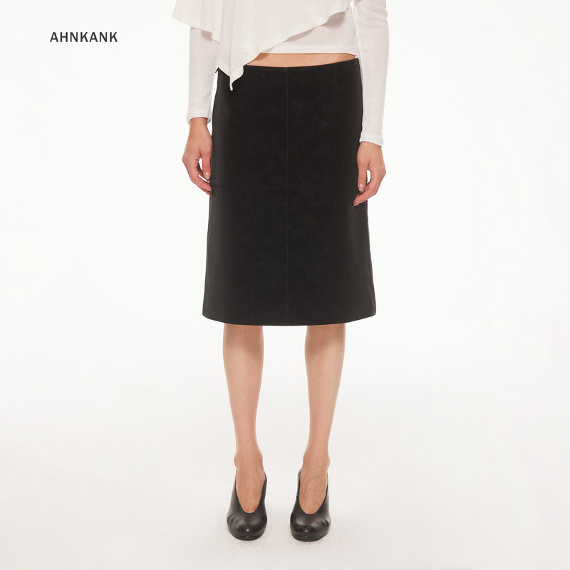 Ahnkank Autumn New Vintage Matte Straight Leather Skirt Women's Black Slim Fit Commuting Midi Skirt