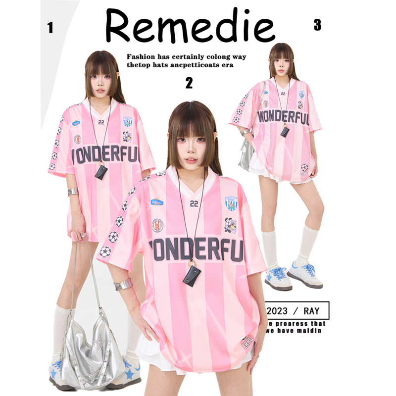 Remedie Sweetheart Girl Pink V-Neck Sports Jersey Loose Breathable Couple Short Sleeve T-Shirt Football Top Trendy Remedie Sweetheart Girl Pink V-Neck Sports Jersey Loose Breathable Couple Short Sleeve T-Shirt Football Top Trendy