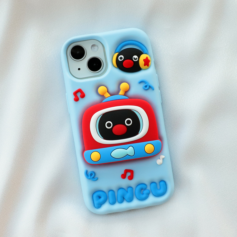 Retro Penguin PINGU TV Silicone : Kickstand Cartoon Design, Plus/Pro/Max – 16, 15, 14, 13, 12 iPhone Case