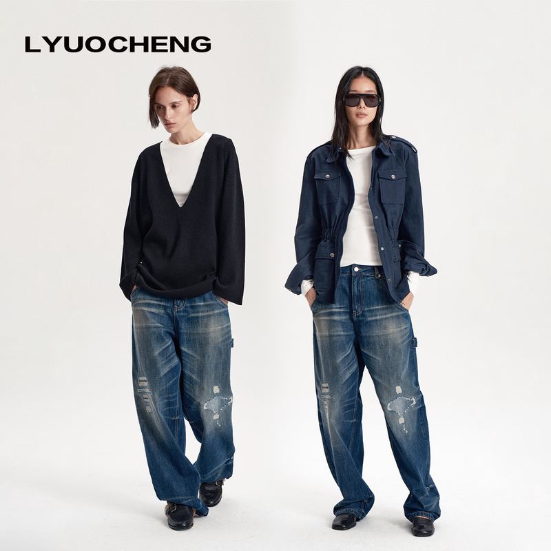 Lyuocheng Autumn/Winter'Vintage' Washed Handmade Distressed Patchwork Lumberjack Denim Pants