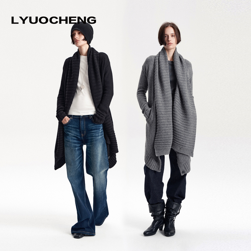 Lyuocheng'Australian Wool Blend' Long Sleeve Irregular Cardigan Double-Wear British Retro Knitted Sweater Jacket