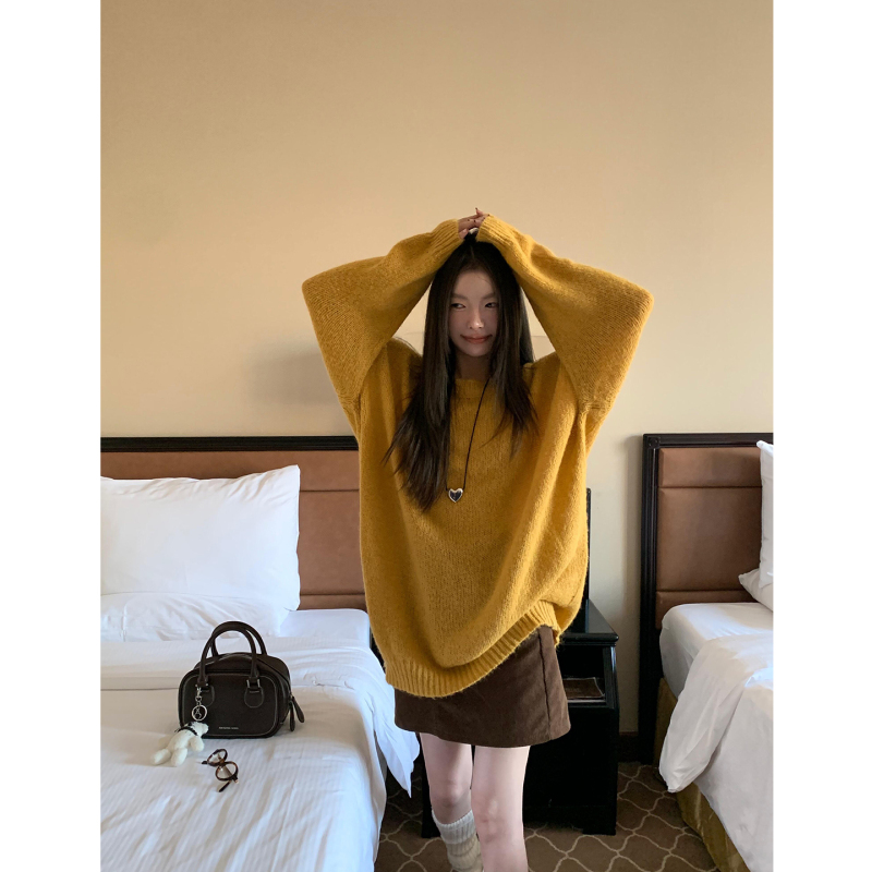 27 Onlinestore Early Spring Lazy Style Pumpkin Yellow Loose Pullover Sweater Casual Versatile Knit Top
