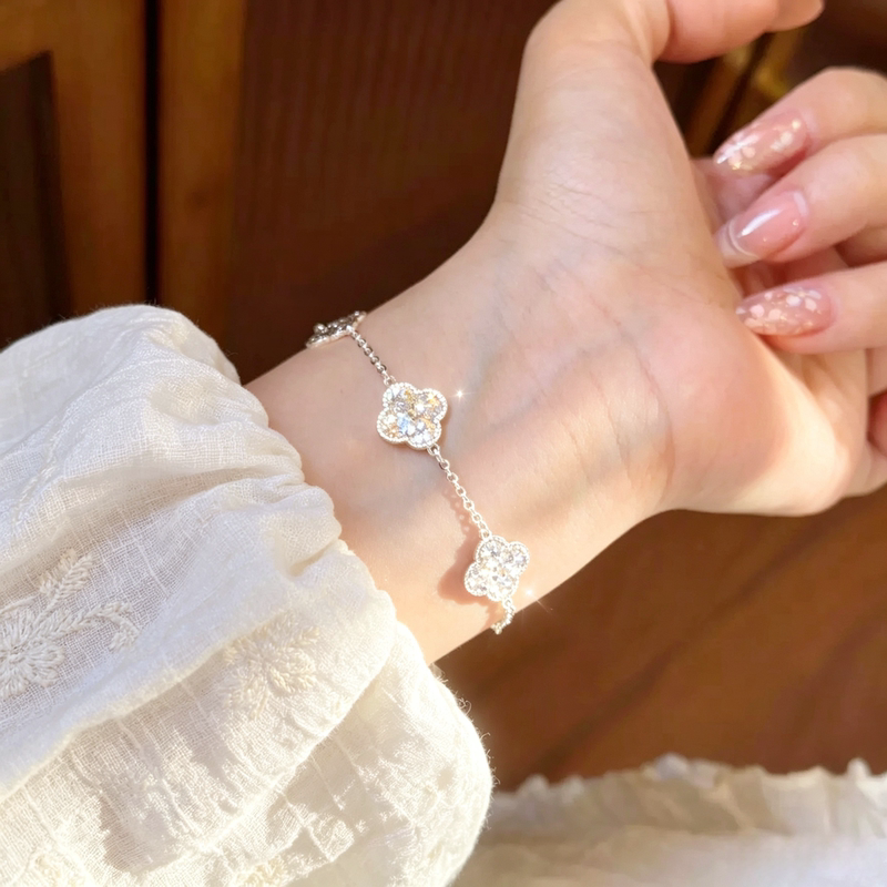 Sterling Silver Bracelet for Women, Pure Silver 999, Crushed Ice Design, Four-Leaf Clover Bracelet, Niche High-End, Instagram-Worthy, Genuine Product